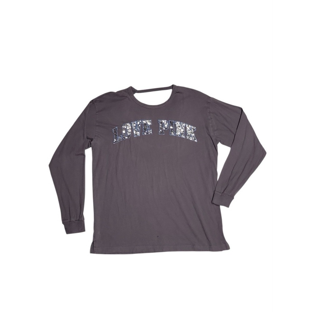 Victorias Secret Pink Bling Open Back Campus Long Sleeve Tee Dark‎ Gray Large